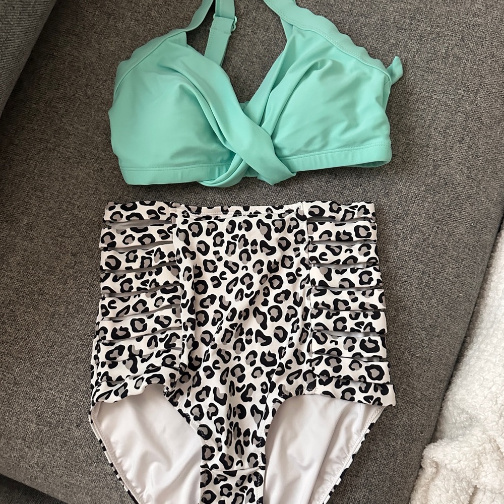 Mint Green Bikini Top and Leopard Print High-Waisted Bottoms